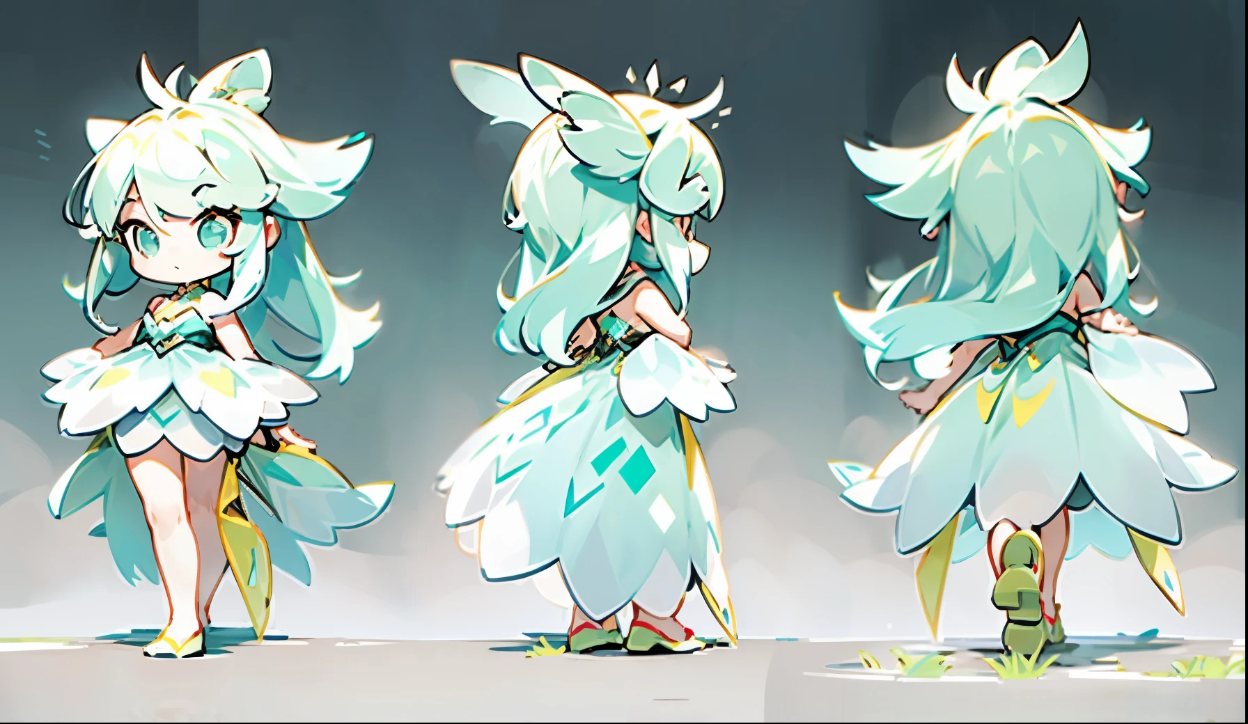 full body, front and back three views, complete vieirl with long aqua hair,Head-to-body ratio of 1:3,Sleeveless short dress,tmasterpiece,extremly high detail,white backgrounid