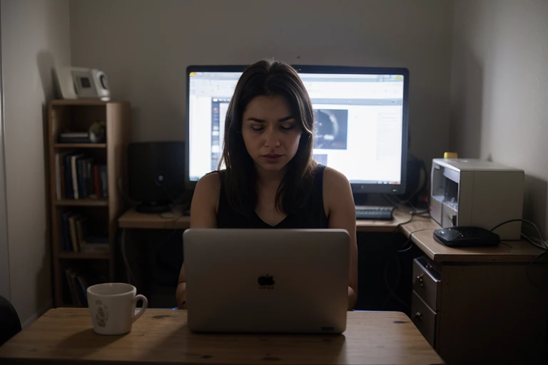 the night,In one room,Girl facing a computer,Frowning and thinking