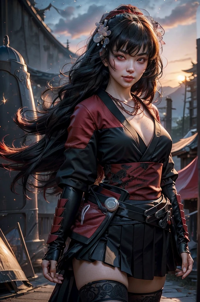 stunning girlfriend, (standing:1.1), dynamic pose, heart shaped face, elegant face, beautiful face, highly detailed face, highly detailed skin, skin pores, subsurface scattering, realistic pupils, loving smile, looking at viewer, full face blush, full lips, detailed background, depth of field, atmospheric perspective, volumetric lighting, sharp focus, absurdres, realistic proportions, good anatomy, (realistic, hyperrealistic:1.4), 16k hdr, 1girl, bangs, black_hair, black_kimono, breasts, flower, hair_between_eyes, hair_flower, hair_ornament, japanese_clothes, thighhighs kimono, long_hair, looking_at_viewer, multicolored_hair, night, stars, obi, red_eyes, red_hair, sash, standing in ancient ampitheatre, east_asian architecture, crowds