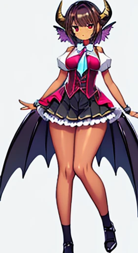 (((Best Quality))) , ((full body)), reference sheet, solo, (white background), horn, mini bat wings, succubus, skirt,