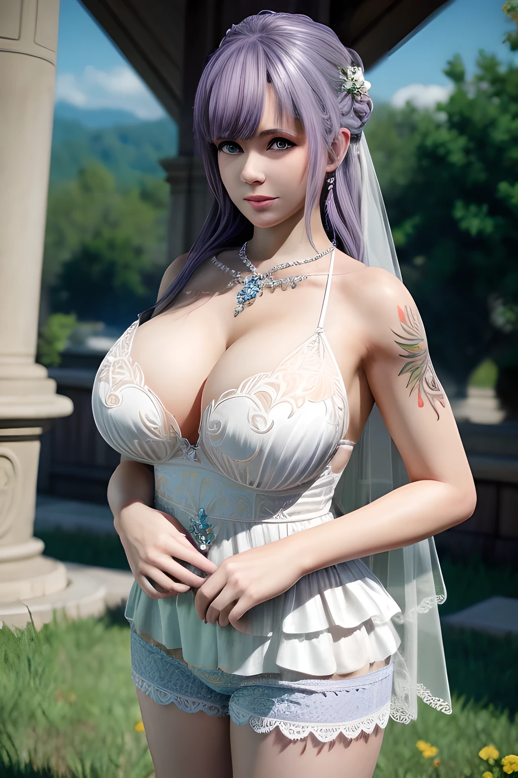 bird's eyes view,1 girl,fiona,(in wedding dresses_Crystal dress),(Tattooed with),(gigantic cleavage breasts),鎖骨, Chopping,detailed hair,(Tattooed with),(tmasterpiece:1.5),( Best quality at best:1.4), ultra - detailed,(((Realistic))),8K,{ (realisticlying:1.37),movie soft light,full bodyesbian,