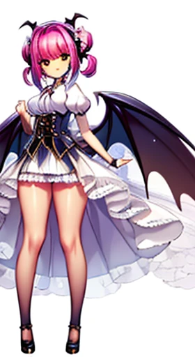 (((Best Quality))) , ((full body)), reference sheet, solo, (white background), horn, mini bat wings, demonic girl, skirt, slit, puffy sleeves,