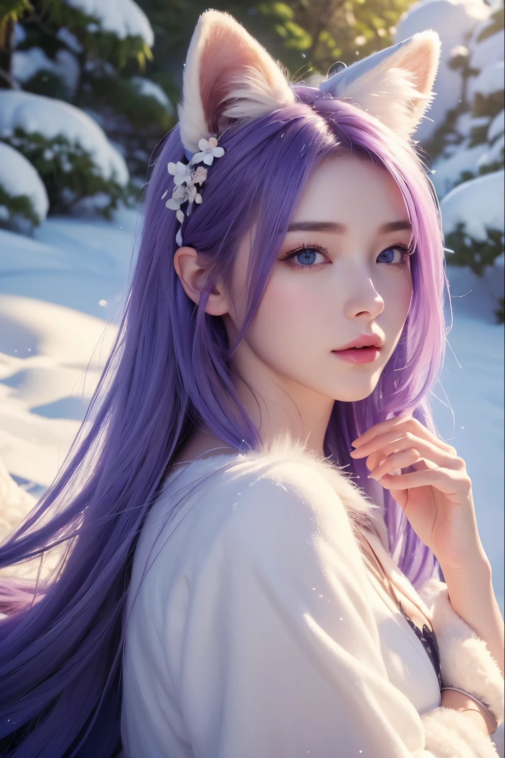 (best quality,4k,8k,highres,masterpiece:1.2), ultra-detailed, realistic, portraits, vivid colors, long-lasting fox spirit, beautiful detailed eyes, purple hair, snow-white fur, fair skin, 5 foot 6, slender figure, long tail, outdoor setting, delicate flowers, dreamy atmosphere