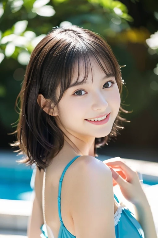 Best image quality、Ultra-high resolution、Tabletop、Photo quality(Realistic:1.8)、pores、Accuracy、Japanese women、、Black-haired、cuteえくぼ、Young Face、cute、Short Bob、Slender girl、Small breasts、 Flat Chest、To the camera、Turn your body forward、Gravure Beautiful Girl、stand、Resort Pool、blue sky、White cloud、Light of the sun、Reflective plate、Navy blue、Swimwear、High leg cut、 Protruding、Laughing with your mouth open、Ecstatic expression、White teeth、Happily、Look straight ahead、