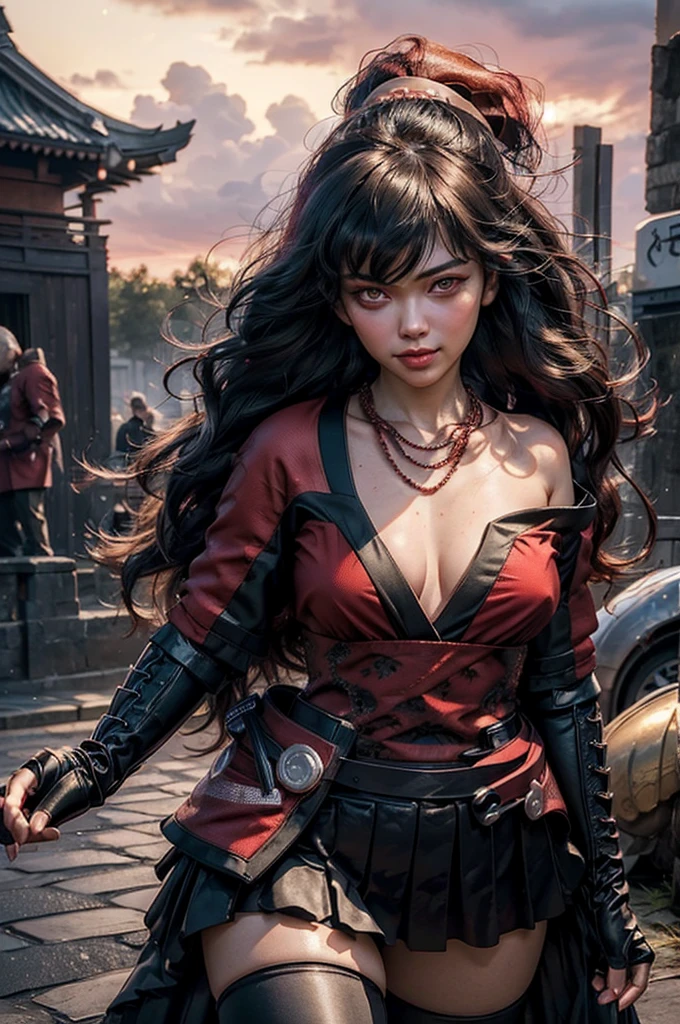 stunning girlfriend, (standing:1.1), dynamic pose, heart shaped face, elegant face, beautiful face, highly detailed face, highly detailed skin, skin pores, subsurface scattering, realistic pupils, loving smile, looking at viewer, full face blush, full lips, detailed background, depth of field, atmospheric perspective, volumetric lighting, sharp focus, absurdres, realistic proportions, good anatomy, (realistic, hyperrealistic:1.4), 16k hdr, 1girl, bangs, black_hair, black_kimono, breasts, flower, hair_between_eyes, hair_flower, hair_ornament, japanese_clothes, thighhighs kimono, long_hair, looking_at_viewer, multicolored_hair, night, stars, obi, red_eyes, red_hair, sash, standing in ancient amphitheatre, east_asian architecture, crowds