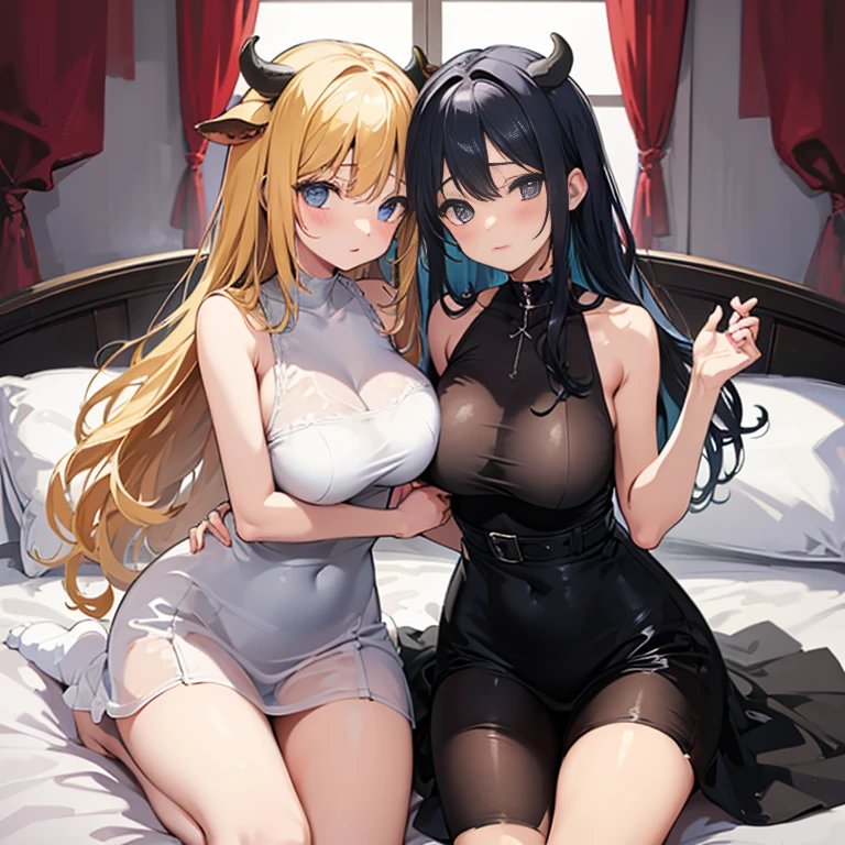 Two girls Eroi Dresses Capturing one person by holding her wrist in cowgirl position breast smothering On a plush bed Lovely room large full breasts Cow girl Position