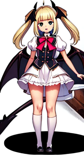 (((Best Quality))) , ((full body)), reference sheet, solo, (white background), horn, mini bat wings, demonic girl, skirt, slit, puffy sleeves,