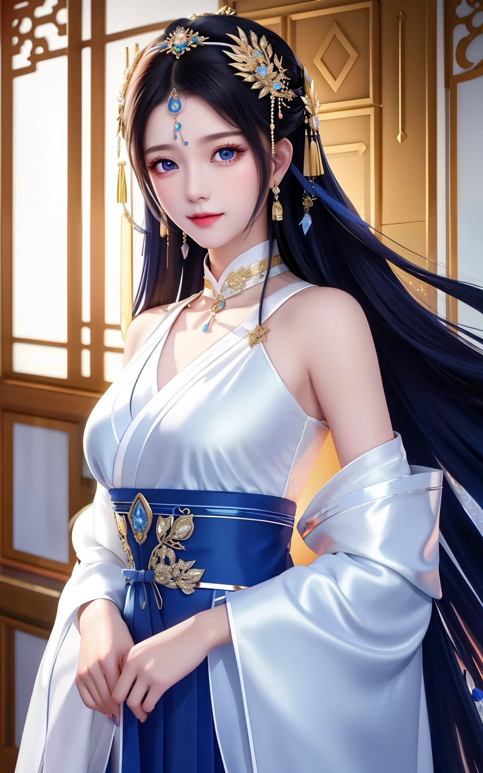 Best quality, tmasterpiece, A high resolution, 1 girl,face flushed,(Vibrant smile:0.8),star blue pupils,china hanfu,hair adornments,choker necklace, jewely,Nice face,more than_body, a beautiful woman with long, shiny black hair, Decorated with headdress. her clear, Because she was wearing a white silk one-piece dress and suit，She stood tall，Stare ahead with shining eyes. on her left hand, She holds a long sword, Relying on her Tyndall effect,realistically, dark studio, edge lit, two color lights,(highdetailskin:1.2), 8k ultra high definition, SLR camera, gentlesoftlighting, high high quality, Volumetriclighting, Frankness, photore, A high resolution, 4K, 8K