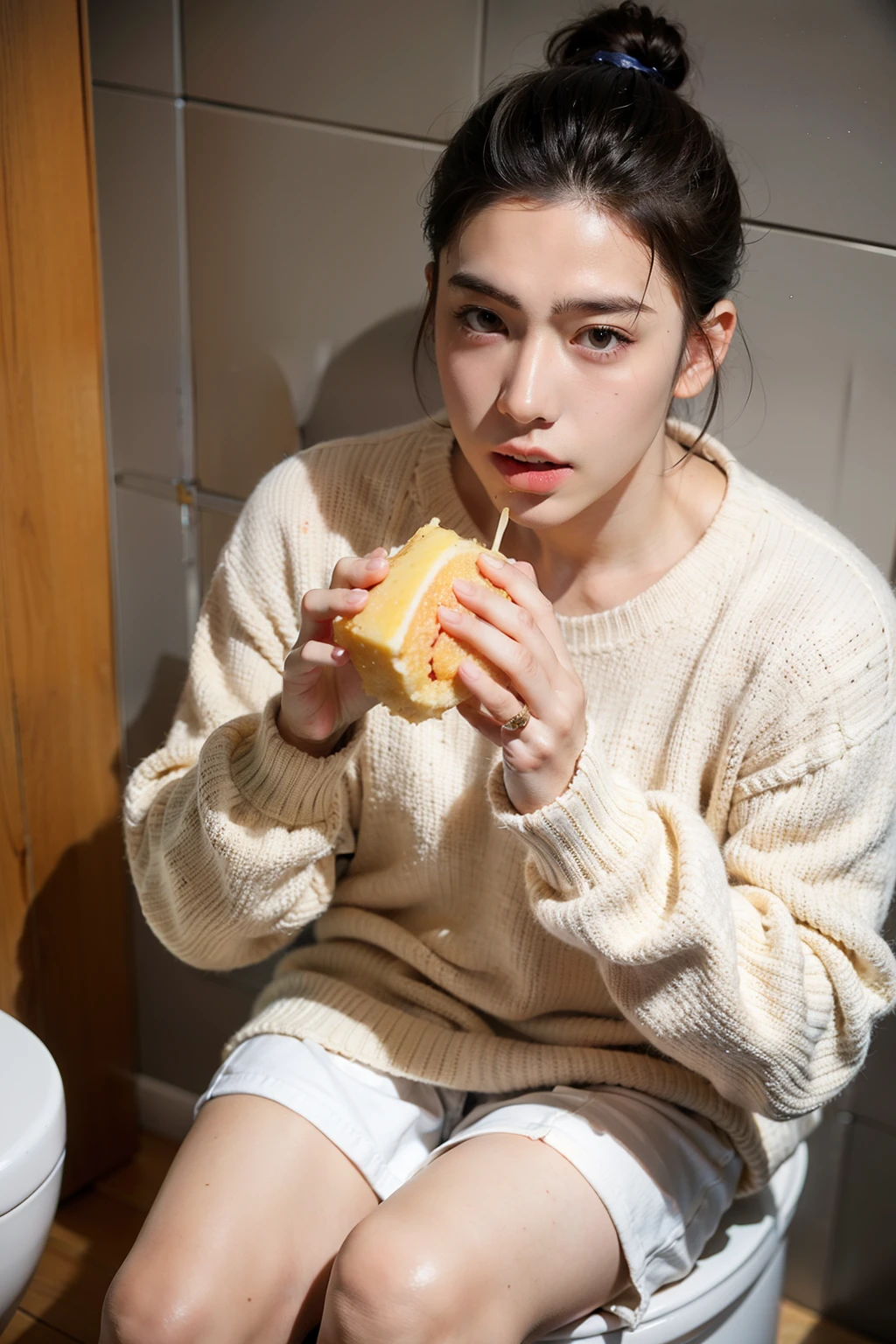 A boy with a slicked back hair and a woolen sweater with yellow skin is eating in the toilet