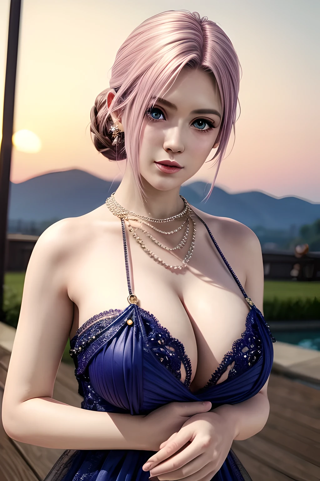 1 girl,Elise,(Evening gown with sapphires:1),Tattooed with,鎖骨,gigantic cleavage breasts,tmasterpiece, Best Picture Quality,of a real, detailed,8K，number art,detailed头发,(of a realistic, photo-of a realistic:1.37),Amazing Cleavage, finely detailled,movie soft light,full bodyesbian,