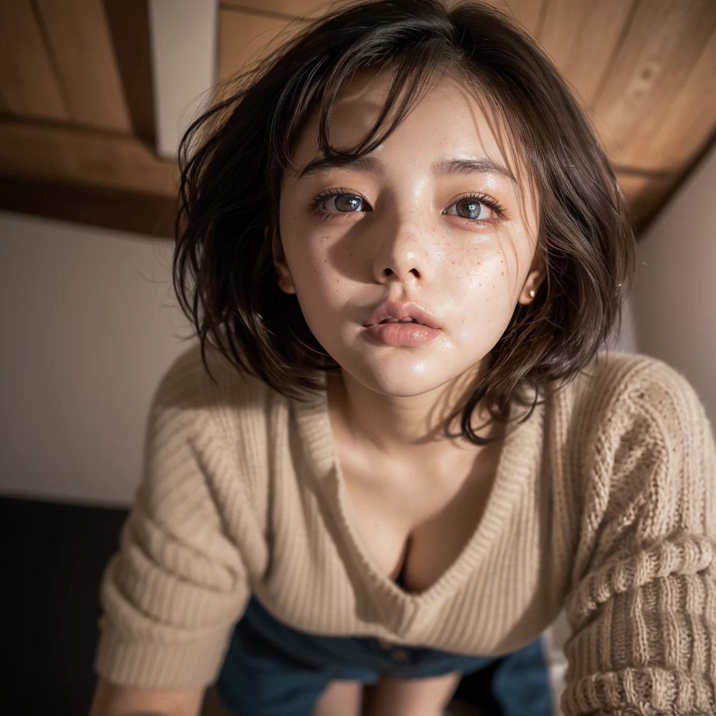 Highest Quality, masterpiece, unbelievably Beautiful, very delicate 8k wallpaper, Beautiful, ultra Detailed, 35mm film, Transcendently Beautiful Girl, Japanese, Cute Girl, (Ecstasy:1.4) ,((sexy face:1.4)), ((extreme close-up face:1,4)), (((looking down:1.6))),looking at viewer, ((viewer is looking up from directly below her)), ((From directly below)),((all fours)), Shy, ((Plump lips)), Short hair, hair messy, Wavy Hair, Black hair, Brown eyes, dropping eyes, Beautiful breasts, Sweaters, {{ few freckle}}, chubby, 25 years old, Bedrooms, (dark light:1.4), dark illumination, inside in room, night room, ceiling, Detailed face, Detailed eyes , Detailed arms