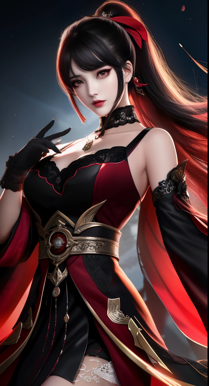 best qualtiy, tmasterpiece, A high resolution, 1girll, underwear, porcelain, Armor, hair adornments, choker necklace, jewely, beauitful face, after sexing_Body, Tyndall effect, realisticlying, Dark Studio, edge lit, twotonelighting, (highdetailskin:1.2), 8K UHD, digital SLR camera, gentle illumination, high high quality, Volumetriclighting, Frankness, photore, A high resolution, 4K, 8K, Bokeh, C-cup breasts, (Light pink lips), 1 beautiful devil woman from hell, in the darkness nigth:1.6),surreal female portrait by David Hockney and Alphonse Mucha,Fantasyart,korean-doll,photorealisti,动态照明,art stations,poster for,Volumetriclighting,very highly detailed face,Ultra of 8K,Award-Awarded,in the darkness nigth,deep shading,low tune,cowboy lens,(Red phoenix dress:1.4),long whitr hair,brunette color hair,chest circumference,luxurious palace,Royal style,devil crown,Red eye makeup is very sharp and detailed, The most beautiful face, The breasts are large and round, Ultra photo realsisim, chinese women's clothing, polo neck sweater, attractive smile, The eye makeup is good,Guviz,devil style,wearing black mesh socks, pony tails,There is a bow tied behind the hair, Red-black lips, Devil tattoo on shoulder, Wearing a thin red and black robe, The scenery is gloomy and thunderous,(sportrait),Close-up of main character,(Background detail 1.8),