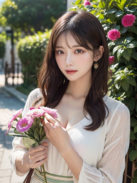 (Realistic, photo-Realistic:1.37), (masutepiece), (Best Quality:1.4), (超A high resolution:1.2),(Raw photo:1.2), 1girl、femele、Wavy black hair、shorth hair、bluntbangs、green colored eyes、pink dress、flower bouquet,finely eye and detailed face、8k wallpaper、intricate-detail、BREAK、Kaleidoscope background、Symmetrical pattern、vivd colour、Geometric shapes、mesmerizing designs、optical illusion、Dynamic Composition BREAK、pantomime art、expressive body language、Quiet storytelling、evocative gestures、 visual narratives、Theater BREAK、blooming flowers、Multicolored petals、fragrant scents、nature's bounty、vibrant gardens、Tranquil landscape,full bodyesbian