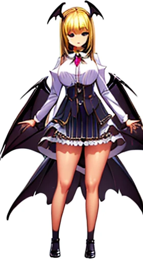 (((Best Quality))) , ((full body)), reference sheet, solo, (white background), horn, mini bat wings, succubus, skirt,