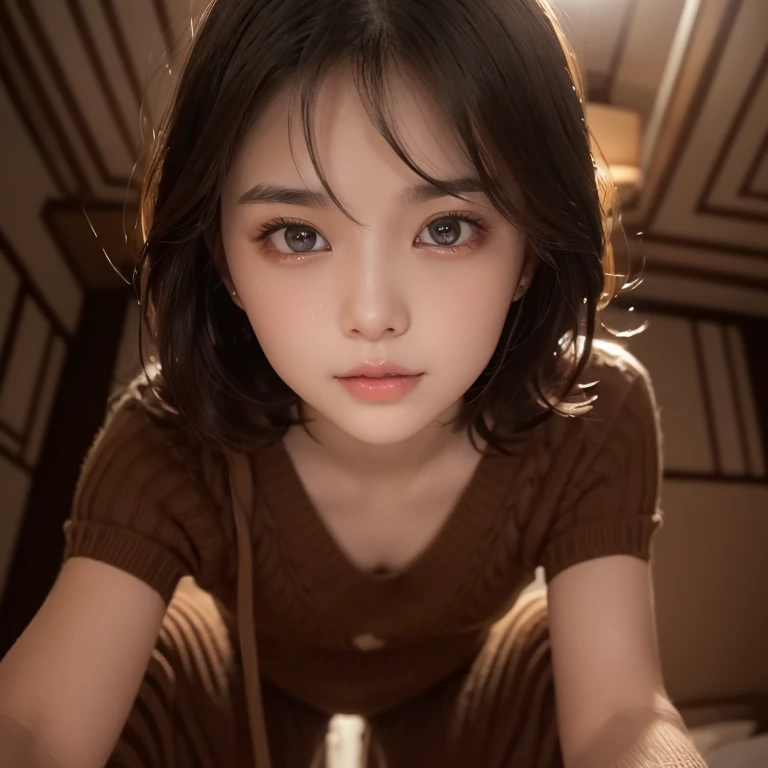 Highest Quality, ​masterpiece, unbelievably Beautiful, very delicate 8k wallpaper, Beautiful, ultra Detailed, 35mm film,  Transcendently Beautiful Girl, Japanese, Cute Girl, (Ecstasy:1.4) ,((sexy face:1.4)),  ((extreme close-up face:1,4)), (((looking down:1.6))),looking at viewer, ((viewer is looking up from directly below her)), ((From directly below)),((all fours)), Shy, ((Plump lips)), Short hair, hair messy, Wavy Hair, Black hair, Brown eyes, dropping eyes, Beautiful breasts, Sweaters, {{ few freckle}}, chubby, 25 years old, Bedrooms, (dark light:1.4), dark illumination, inside in room, night room, ceiling, Detailed face, Detailed eyes , Detailed arms