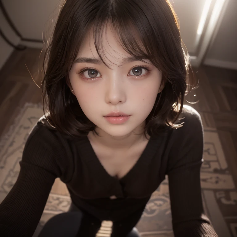 Highest Quality, ​masterpiece, unbelievably Beautiful, very delicate 8k wallpaper, Beautiful, ultra Detailed, 35mm film,  Transcendently Beautiful Girl, Japanese, Cute Girl, (Ecstasy:1.4) ,((sexy face:1.4)),  ((extreme close-up face:1,4)), (((looking down:1.6))),looking at viewer, ((viewer is looking up from directly below her)), ((From directly below)),((all fours)), Shy, ((Plump lips)), Short hair, hair messy, Wavy Hair, Black hair, Brown eyes, dropping eyes, Beautiful breasts, Sweaters, {{ few freckle}}, chubby, 25 years old, Bedrooms, (dark light:1.4), dark illumination, inside in room, night room, ceiling, Detailed face, Detailed eyes , Detailed arms