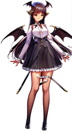 (((Best Quality))) , ((full body)), reference sheet, solo, (white background), horn, mini bat wings, succubus, skirt,