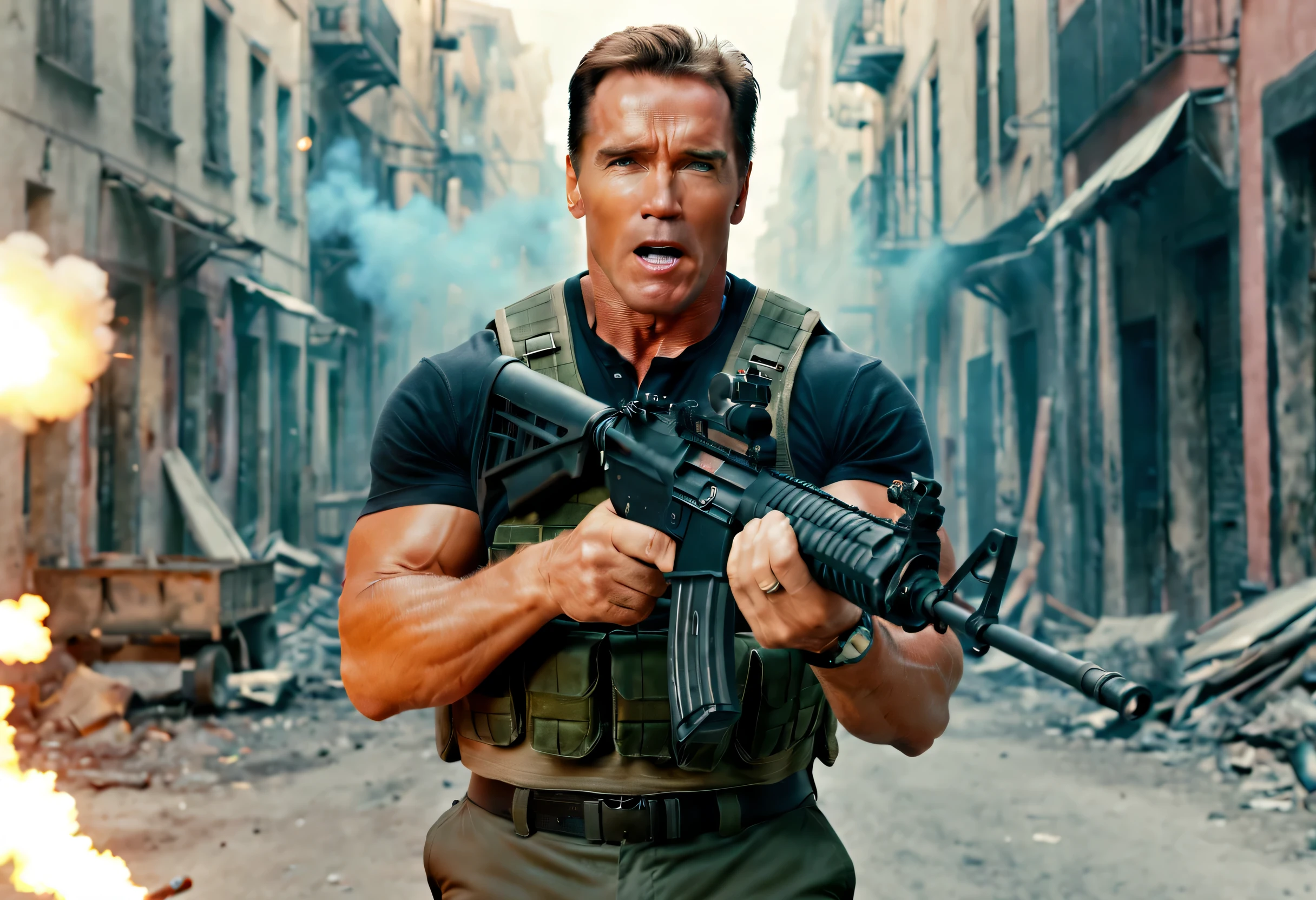 (best quality,4k,8k,highres,masterpiece:1.2),ultra-detailed,realistic:1.37,arnold schwarzenegger,brutal,vivid colors,sharp focus,rpg-7, grenade launcher, shooting,burst fire,empty casings dropped down ,explosions on background,dramatic lighting,strong shadows,physically-based rendering, determined eyes,smoke-filled air,high-contrast,