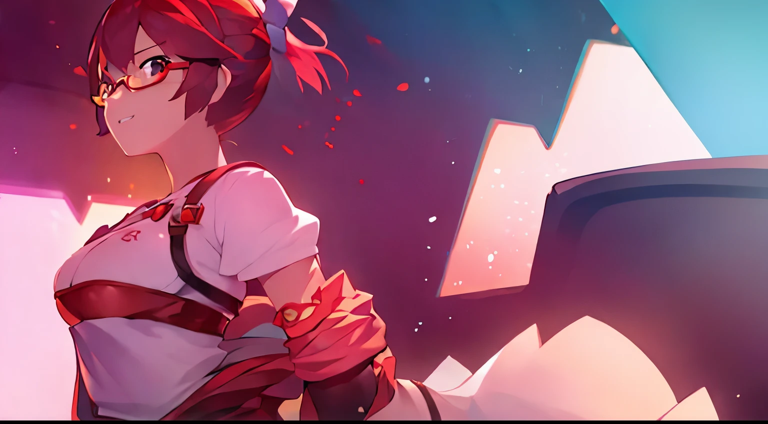 ​masterpiece、top-quality、1 girl in、red hairs、shortsleeves、cleavage of the breast、short-hair、eye glasses、anime styled、High School Uniforms、high quality fingers、lightsmile、The upper part of the body 、Get down on one knee、Skirt Fold、Fluffy clothes、portlate
