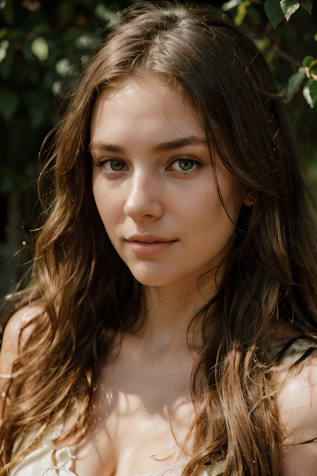 A photorealistic portrait of a 27-year-old woman with long, wavy hair and green eyes. She should have a seductive expression and be illuminated by soft, golden-hour sunlight. Capture this image with a high-resolution photograph using an 85mm lens for a flattering perspective. detailed face, (natural skin texture, hyperrealism, soft light, sharp)