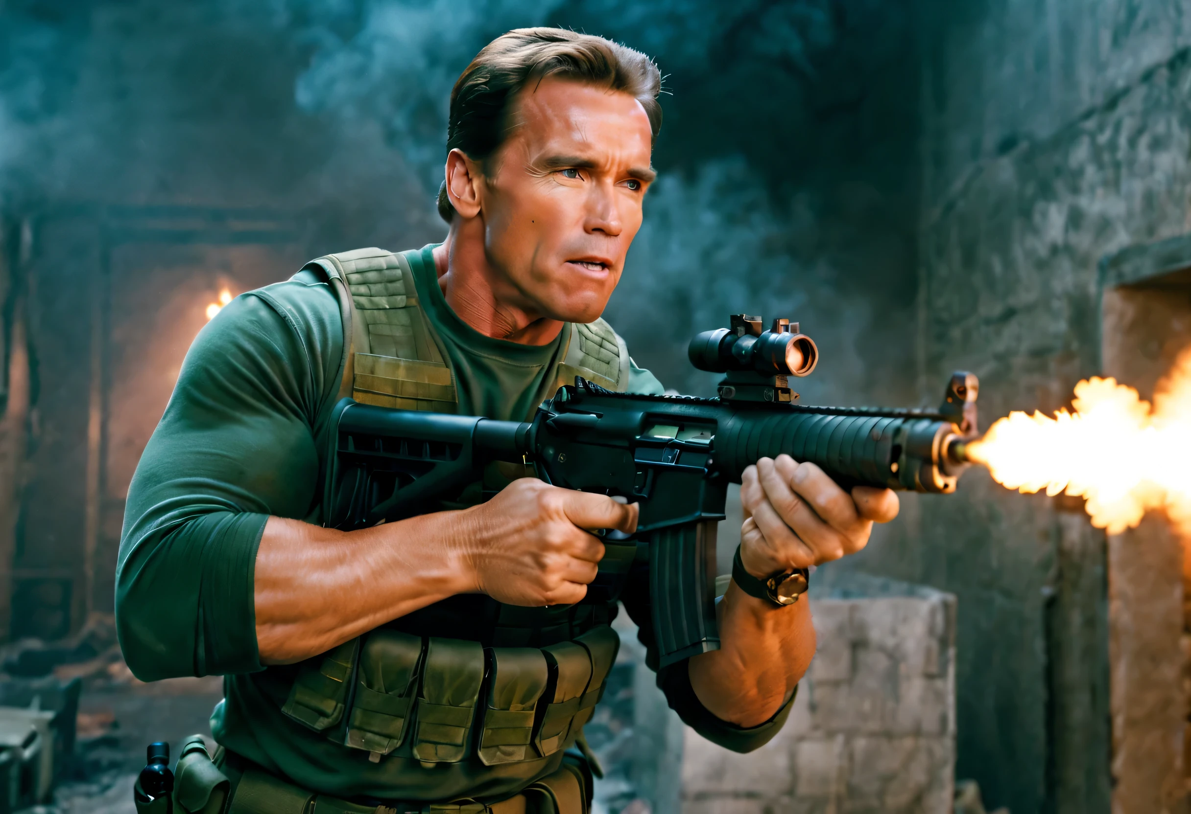 (best quality,4k,8k,highres,masterpiece:1.2),ultra-detailed,realistic:1.37,arnold schwarzenegger,brutal,vivid colors,sharp focus,rpg-7, grenade launcher, shooting,burst fire,empty casings dropped down ,explosions on background,dramatic lighting,strong shadows,physically-based rendering, determined eyes,smoke-filled air,high-contrast,