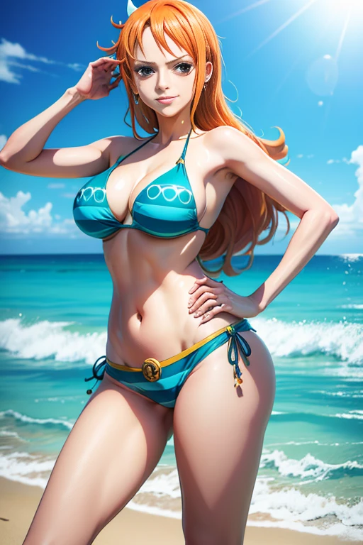 estilo de arte anime,nami from one piece,olhos castanhos,cabelo de rabo de cavalo longo laranja,Corar,playful expression,dynamic pose,wearing bikini, Standing on the beach,shimmering blue seawater, cores vibrantes.