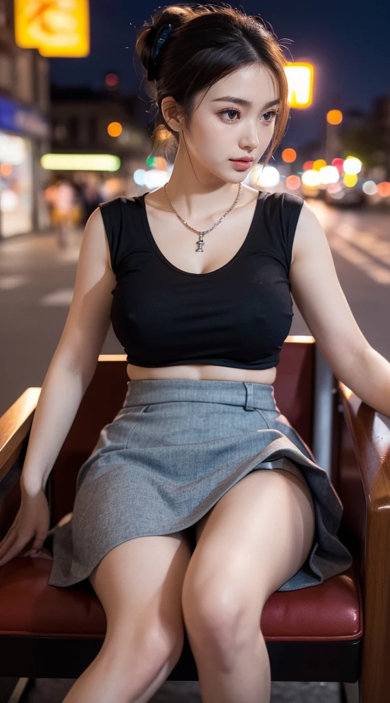 high-definition images, atmospheric perspective, 8k, super detail, accurate, best quality, ((angle from below)), a woman, ((round face), (drooping eyelush, in the city, busy, big breast, clothes that emphasize body line, skirt, necklace, takes a seat, open legs, climbing on the top of backrest of the chair to hit the front of crotch, (other customers), night scene, foods, hair up,
