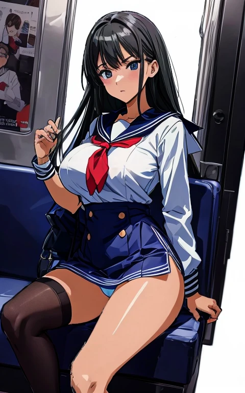 A beautiful woman with long black hair, big breasts, beautiful legs, and a sharp face is wearing a sailor suit with a white miniskirt, showing light blue and blue striped panties, and is standing with her legs spread as she glares at a middle-aged man in a suit on the train.。