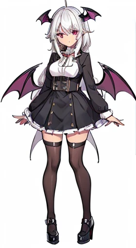 (((Best Quality))) , ((full body)), reference sheet, solo, (white background), horn, mini bat wings, succubus, skirt, black outfit,