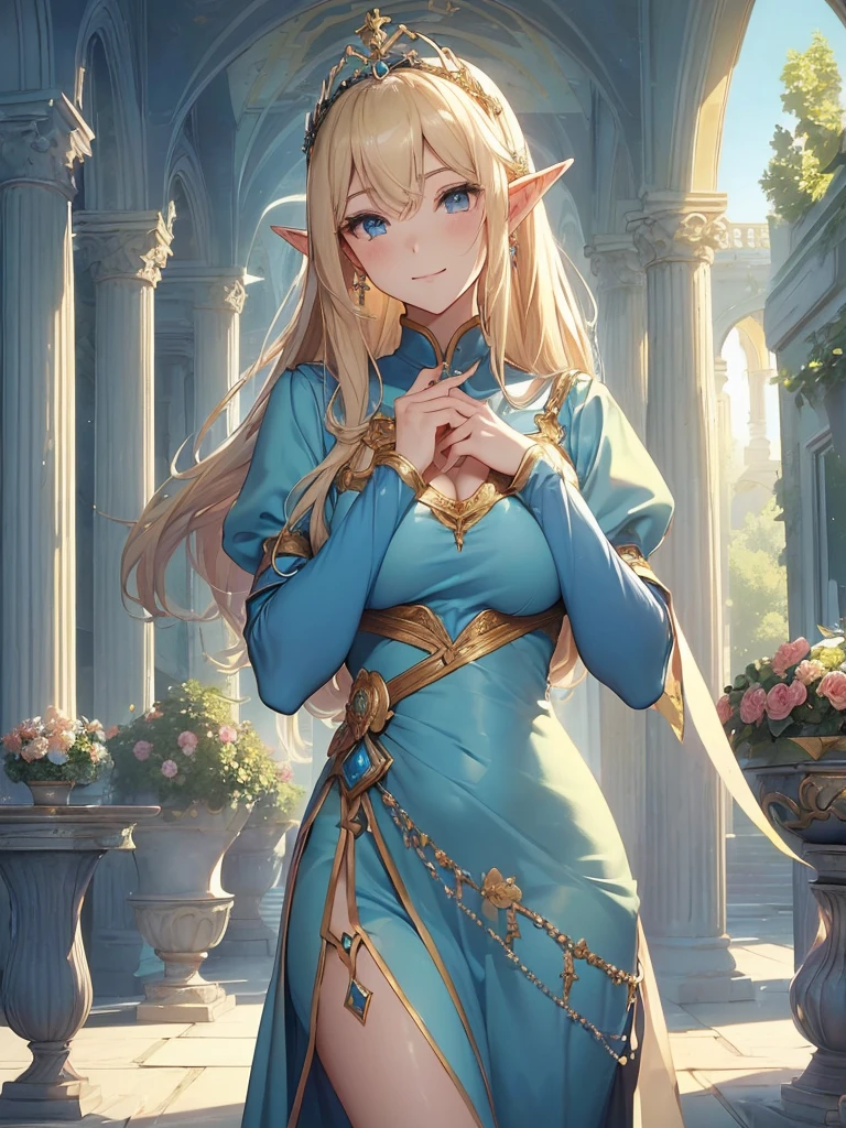 top-quality、Top image quality、But Tarpeace、Two super beautiful elf beauties((24 year old、Best Bust、big bast、Bust 90,beautiful blue long ironed hair、a blond、globe、Sexy means、、A slender、a closeup、Esbian、beautiful tiara、hiquality、Beautiful Art、background spectacular scenery、Superb Piece、visualart、depth of fields、blue-sky、Elven ears、、light magic、Space Knight、harp melody🎵、Happy smile、Gentle light、、Beautiful legs that are gentle on the skin、、、Number of fingers to achieve precise finger movements、ticker beautiful decoration、elegent、Mystical field under the flower garden、Marble pillars, beautiful dressy、byzantine art、marble dome、art noveau、、A sexy is 1.3,巨大なglobe、ルネサンスpainterly、ラファエロのpainterly、the golden ratio、Renaissance architecture、beautiful dress、low angles、a closeup芸術、Fine art、painterly、Inside the museum、painterly展、Exhibition room、exhibition gallery