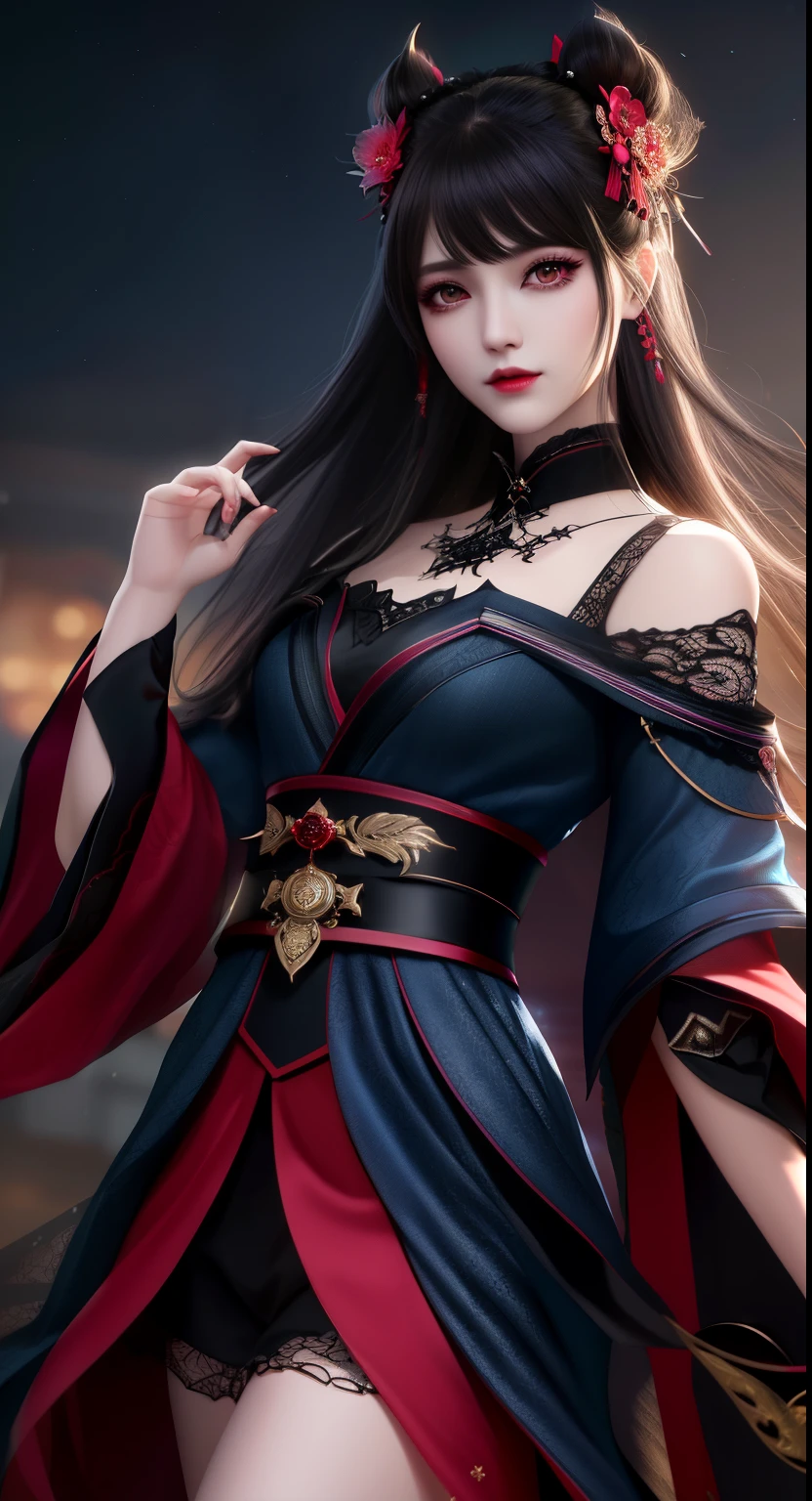 Best quality,tmasterpiece,A high resolution,1 girl,Hanfu,Teeth are white and even,red iris,Chinese underwear,hair adornments,choker necklace,jewely,皇冠jewely。Nice face,upper part of body,Magic import style,dingdall effect,photore逼真,dark studio,Bezel light,Two-colored light,(highdetailskin:1.2),8k ultra high definition,digital SLR camera,Soft lighting,high high quality,volumettic light,Frankness,photore,A high resolution,4K,8K,bokeh,(light pink lips),1 Beautiful Demon from Hell,In the dark night:1.6),大卫霍克尼和阿尔方斯穆夏的hyper realisitc女性sporty attire, Fantasyart, photorealestic, 动态照明, Station art, poster for, Volumetriclighting, Highly detailed face, Ultra 8k, Award-Awarded, In the dark night, Depth shadows, Low light, Denim lenses, (red phoenix shirt: 1.4), Long gray hair, black hair color hair, chest circumference, luxurious palace, royal style home, Demon's Crown, red eyes,The makeup is very sharp and detailed, Best face, very round and tight, hyper realisitc,chinese women's clothing,Turtleneck Polo Lace Top,Enchanted smile,Beautiful eye makeup,Guviz,devil style,Black lace stockings,pony tails,There is a bow on the back,dark red lips,Devil tattoo on shoulder,wearing dressing gown, thin lace, deep slit, red black,Lace cloak,gloomy and thunderous landscape,(sporty attire),Close-up of main character,(Background detail 1.8),