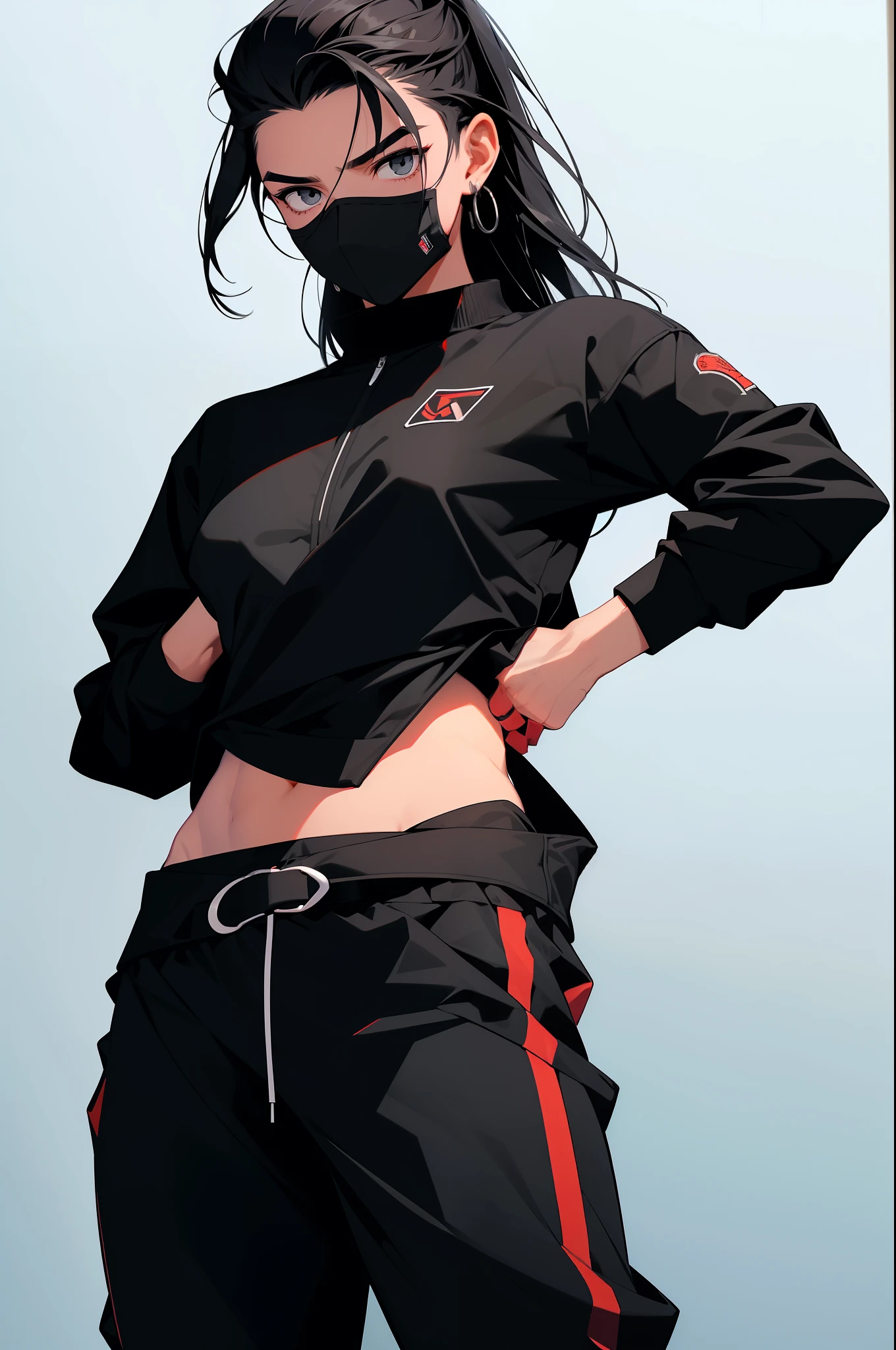 (Obra-prima), Uma mulher branca com cabelo preto, cabelo longo, cabelo solto (melhor qualidade), Ultra resolution, arte profissional, ultra detalhado, perfect lighting, corpo atletico, forte e musculoso, fisiculturista, peitos grandes, black sweatpant, vestindo uma jaqueta ninja de combate na cor preta, Shinobi pants in black color, Black colored ninja sandals, colete jounin, expression serious, de costas para o telespectador, foco feminino, in fighting position, fundo com ventos, fundo magia do vento, no mask on