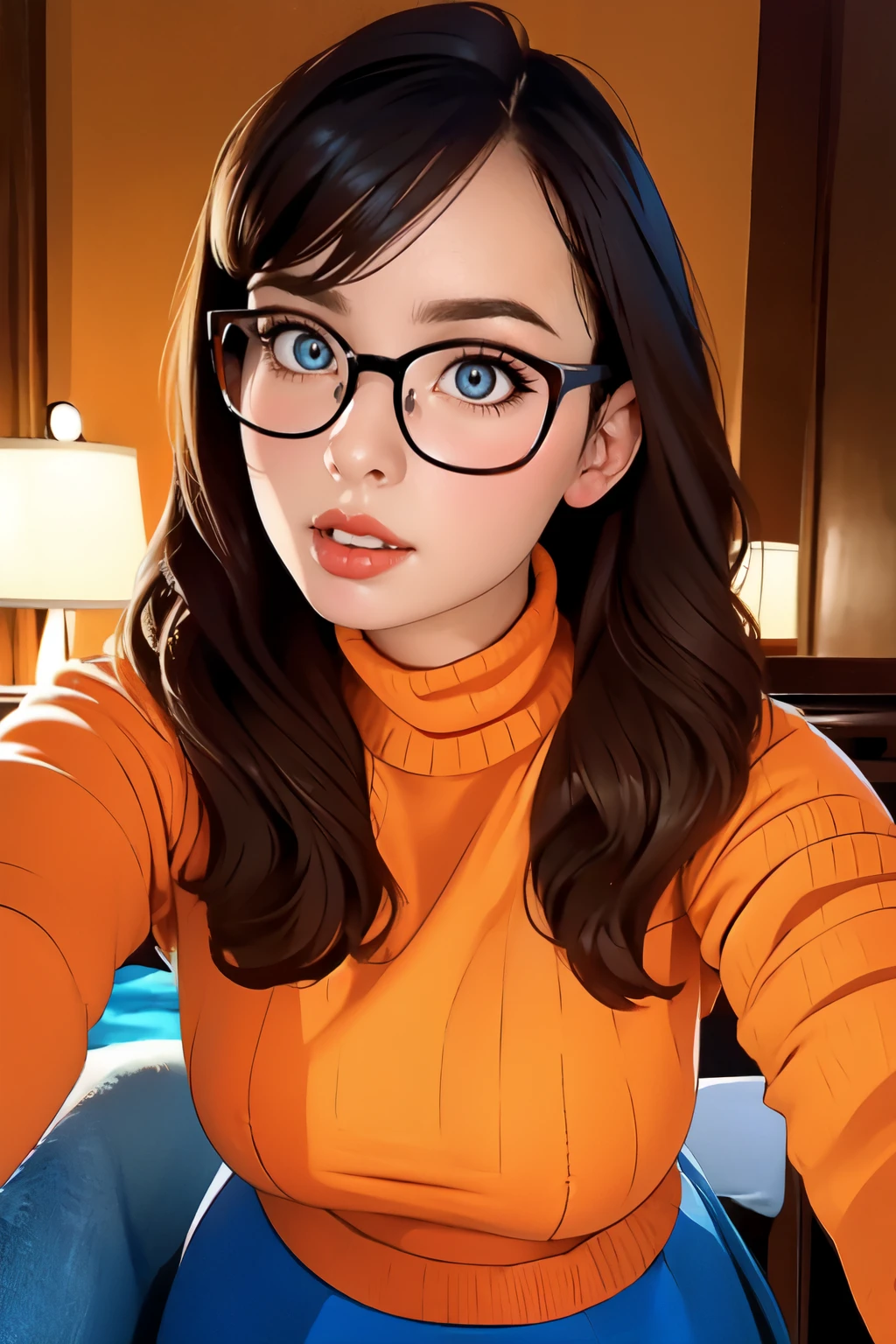 HD, 8k quality, masterpiece, Velma, dream girl huge tits, beautiful face, kissing lips, short bob hairstyle, long bangs, perfect makeup, realistic face, detailed eyes, blue eyes, brunette hair, eyelashes, smile grin, bedroom, sitting on bed, showing cameltoe, eyes at viewer, orange knitted turtle neck sweater, clear lens glasses, red school girl skirt, view from below,