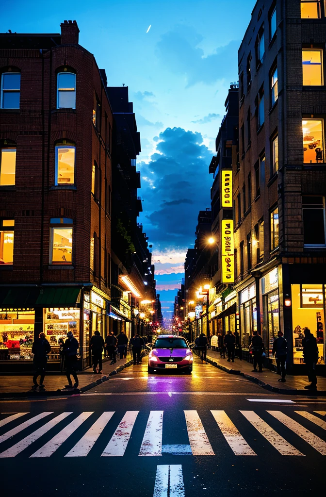 (Best quality,4K,8K,A high resolution,tmasterpiece:1.2),ultra - detailed,(actual,photoactual,photo-actual:1.37),vibrant with colors,Nighttime cityscape,lighting buildings,flash lights,reflections on the water,The streets are full of life,traffic lights in motion,Winding alleys and cobbled streets,glowing neon sign,Skyscrapers soar into the sky,Majestic bridges span the river,Stylized,Impressionist rendering,Moody atmosphere,Dimly lit corners and hidden nooks,Steam clouds rising from street food stalls,Bustling pedestrians,Artist paints scene on sidewalk,Playful shadows dance on the wall.