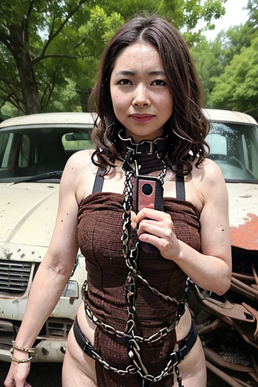 (high-level image quality、hightquality、hight resolution、masterpiece、detaileds、8K)、(a matural female)、(Crying face)、(He wears a large collar and is chained.)、 (brown long-haired)、(messy curly hair)、(lean body)、(Small udder)、(Wearing pink lingerie)、(Wearing a garter belt)、(Showing armpits or placing one hand on the waist)、(is standing)、 (Holding something in your hand)、 (The location is a large tree in the forest.)、(In front of it is a rusted scrap metal car.:1.5)、((A large tree is entangled with a car and swallowed by the tree.:1.5))、(she is in front of the tree and the car)