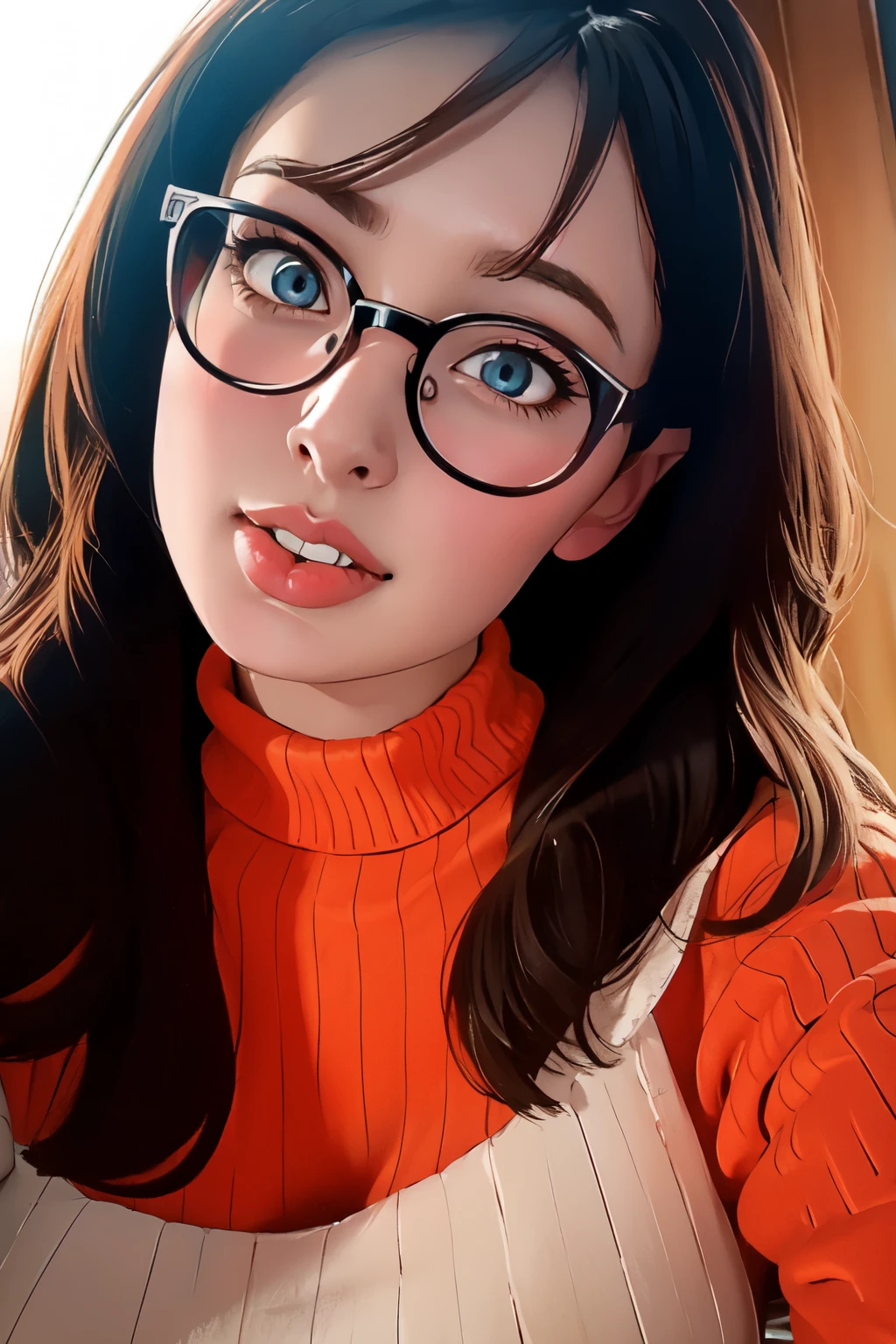 HD, 8k quality, masterpiece, Velma, dream girl huge tits, beautiful face, kissing lips, short bob hairstyle, long bangs, perfect makeup, realistic face, detailed eyes, blue eyes, brunette hair, eyelashes, smile grin, bedroom, sitting on bed, showing cameltoe, eyes at viewer, orange knitted turtle neck sweater, clear lens glasses, red school girl skirt, view from below,