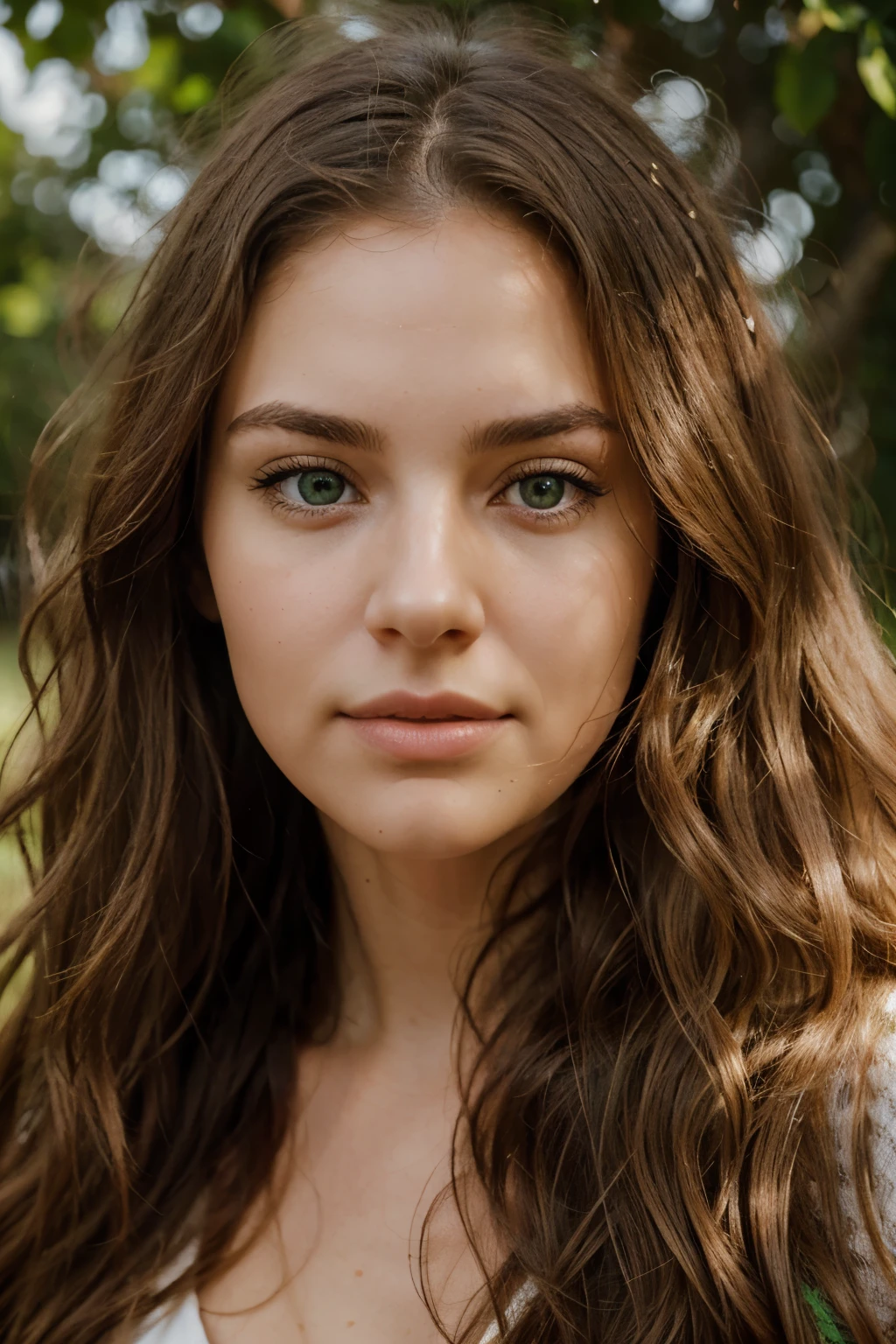 A photorealistic portrait of a 27-year-old woman with long, wavy hair and green eyes. She should have a seductive expression and be illuminated by soft, golden-hour sunlight. Capture this image with a high-resolution photograph using an 85mm lens for a flattering perspective. detailed face, (natural skin texture, hyperrealism, soft light, sharp)