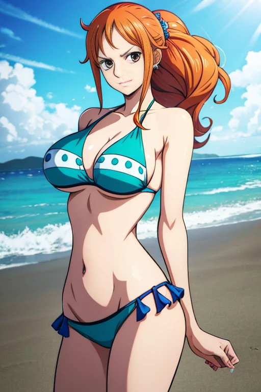 estilo de arte anime,nami from one piece,olhos castanhos,cabelo de rabo de cavalo longo laranja,Corar,playful expression,dynamic pose,wearing bikini, Standing on the beach,shimmering blue seawater, cores vibrantes.