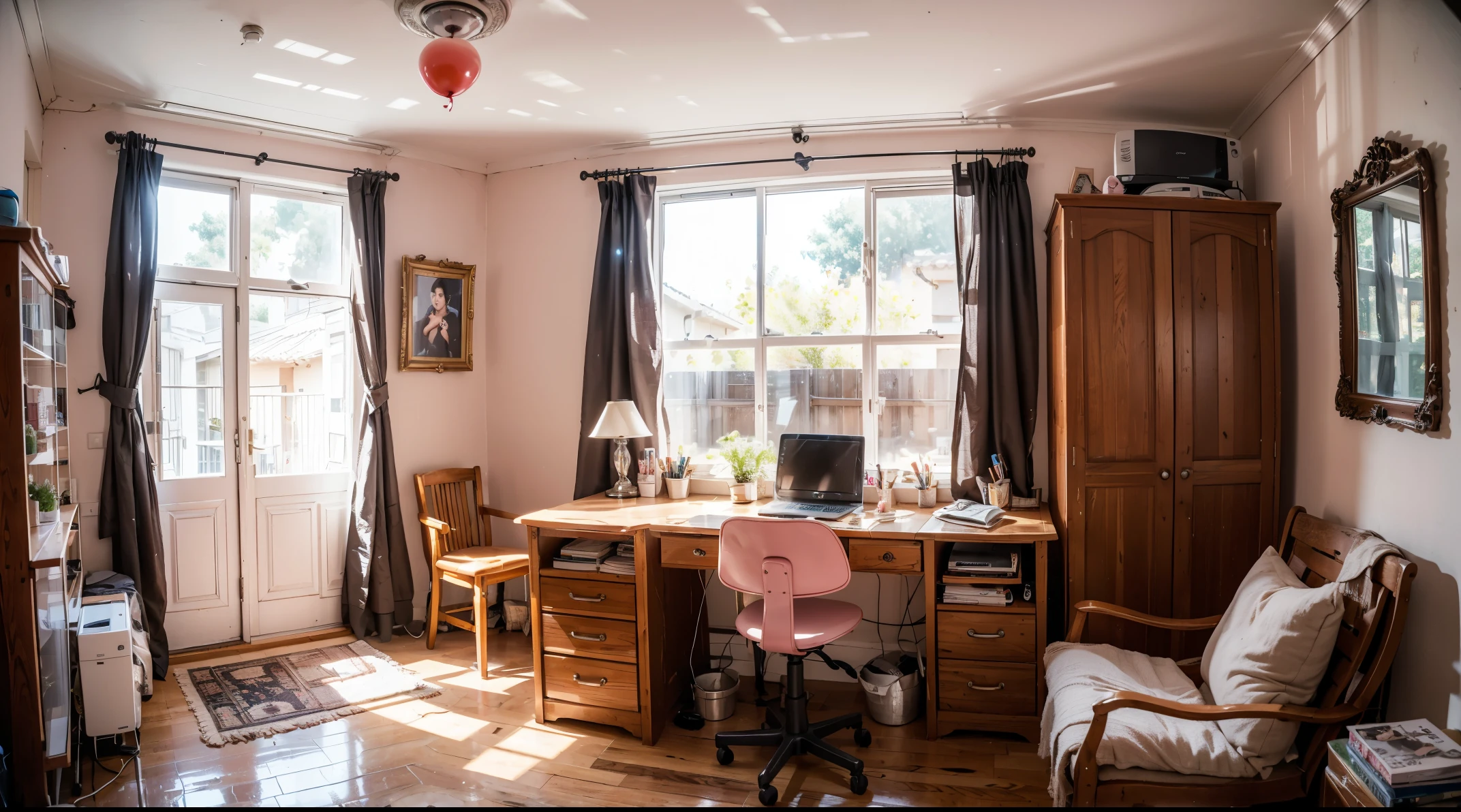 lower middle class house, room with time-worn wooden cupboard, study table, writing and photos stuck on the wall, make-up mirror, air conditioner, pink letter-shaped balloons on the wall "stratosphere" imac computer