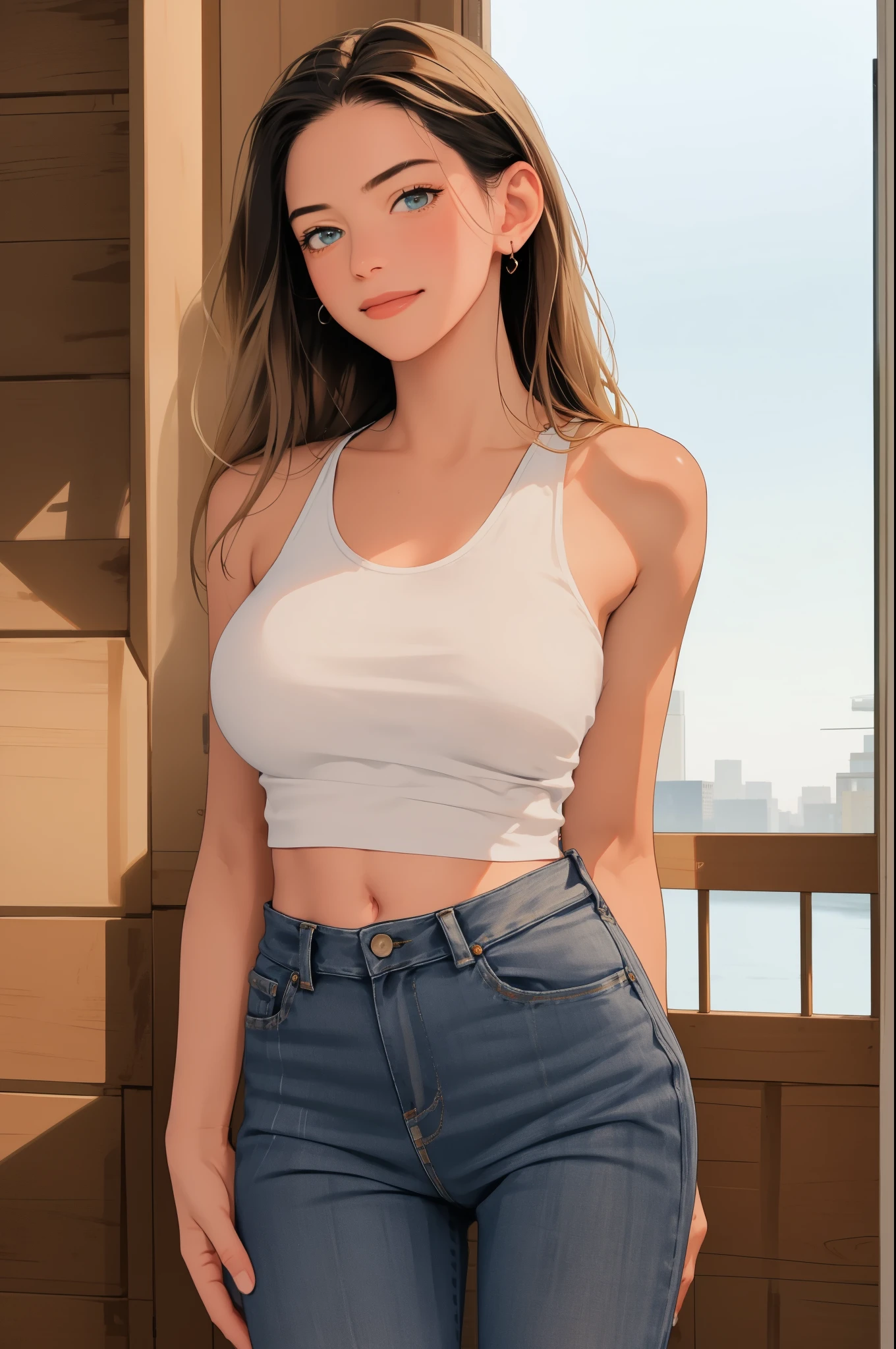 best quality, masterpiece, photo realistic, 8k, 4k, extreme res, ultra high res, dynamic lighting, real lighting, sophiadiamond, looking_at_viewer, smile, tank top, jeans,