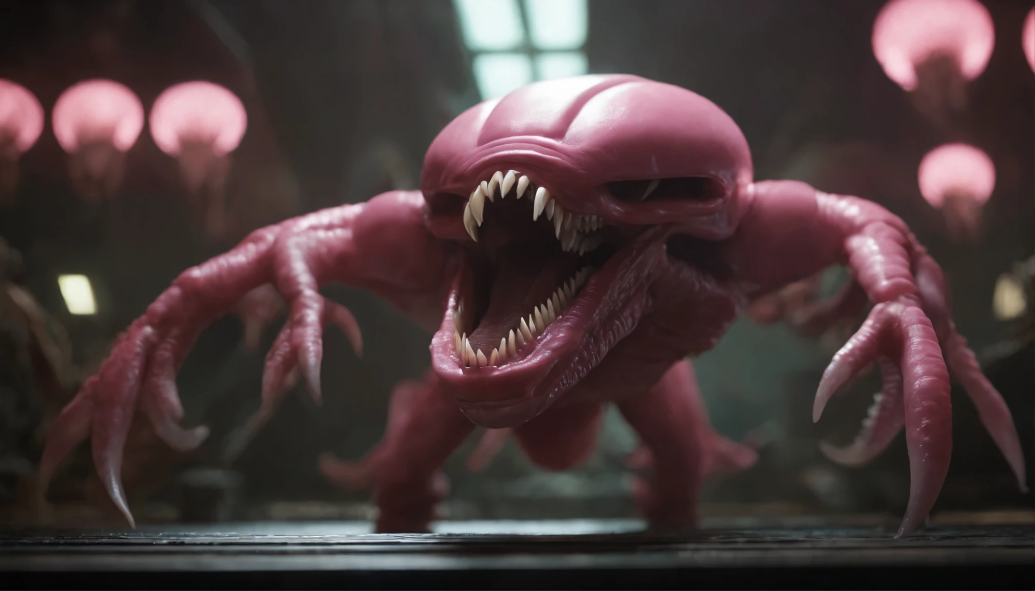 A grotesque humanoid burger, eating a person, that looks bloody.