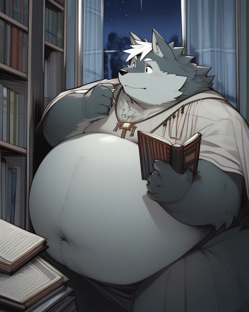 nj5furry, wolf, anthro, male, black fur, black eyes, round face, hair, white hair, obese, large belly, wearing gothic robes, reading, books, indoors, inside office, night