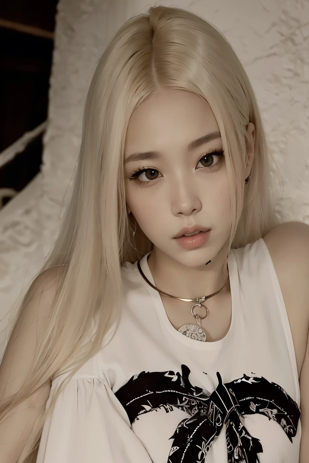 a Close up of a woman with long blonde hair wearing a white shirt, portrait of Jossi de Blackpink, Parque Roseanne de Blackpink, Blackpink Jennie, Jossi de Blackpink, Su cabello es blanco, Retrato de Kim Petras, tiene el pelo rubio, Cl, con el pelo largo y blanco, cabello rubio muy, very pale, con pelo largo blanco, cruel korean goth girl, JIA