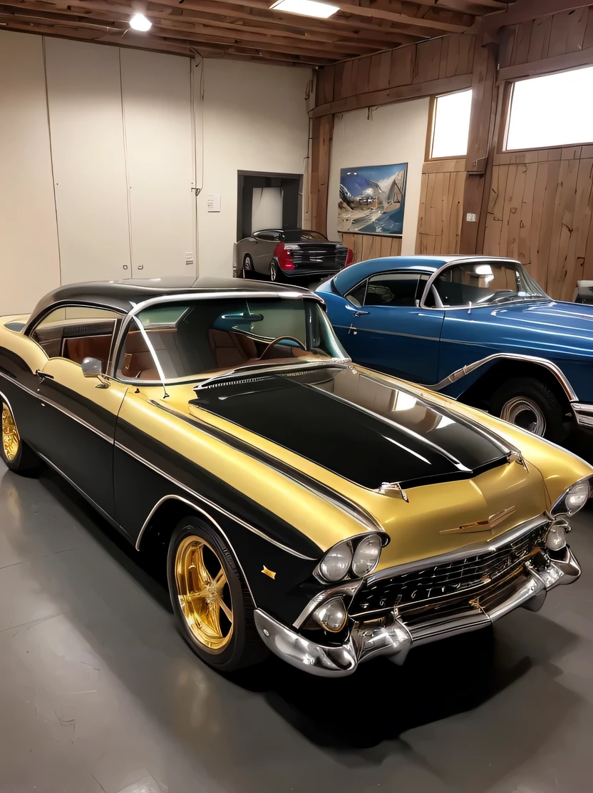 ((hightquality、hight resolution、masterpiece、foco nítido、photographrealistic、Raw photography、lighting like a movie))、1959 Chevrolet Bel Air、star wheel、Wide wheel、metallic black color、headlight with light、Dark windows、Gold accents、gold trim、sunroof、side exhaust、Fire design on front hood、three-quarter front view