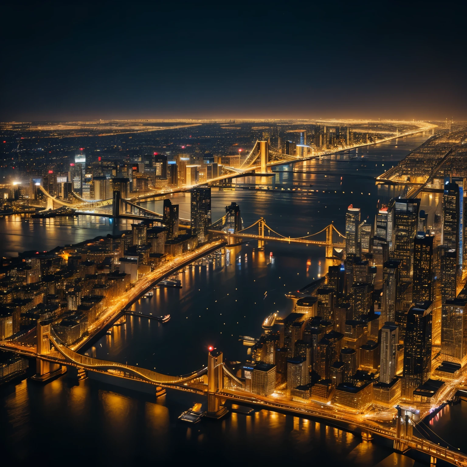 finest image, 8k, RAW photo, realistic, detailed, delicate, flashy and dynamic depiction, aerial view, glittering night view of the big city, bay coast, golden dust rain, (magnificent view:1.2)