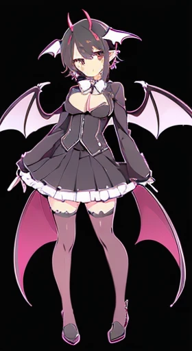 A cute demon has large breasts and short pink hair and pink skin and she's has wings and she is doing a sexy position 