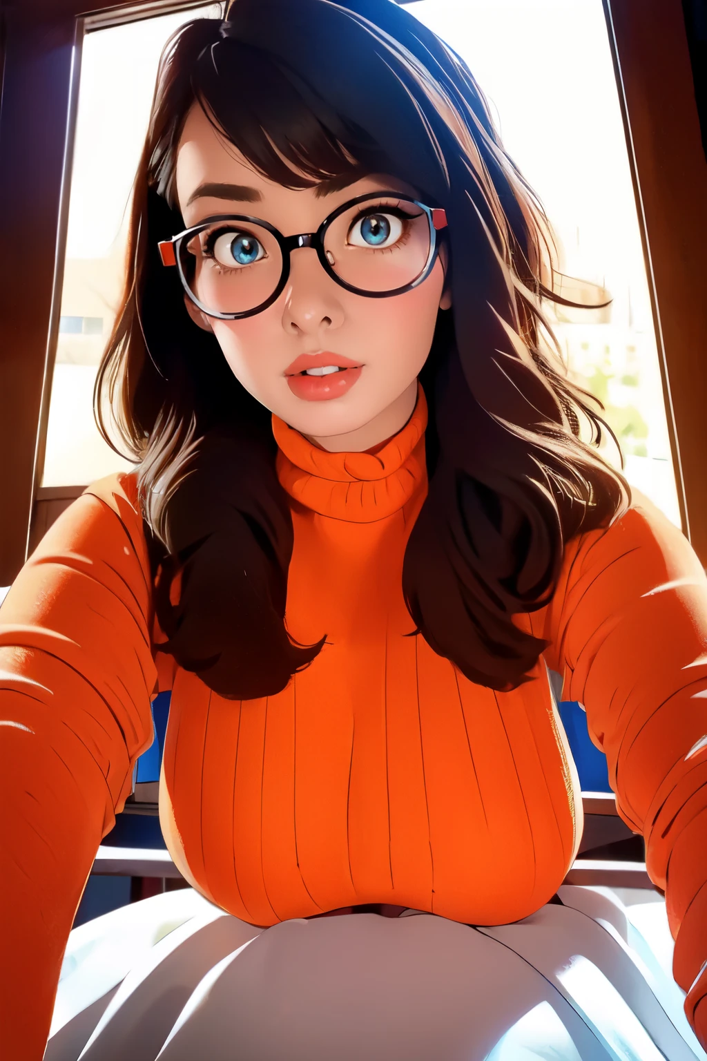 HD, 8k quality, masterpiece, Velma, dream girl huge tits, beautiful face, kissing lips, short bob hairstyle, long bangs, perfect makeup, realistic face, detailed eyes, blue eyes, brunette hair, eyelashes, smile grin, bedroom, sitting on bed, showing cameltoe, eyes at viewer, orange knitted turtle neck sweater, clear lens glasses, red school girl skirt, view from below,