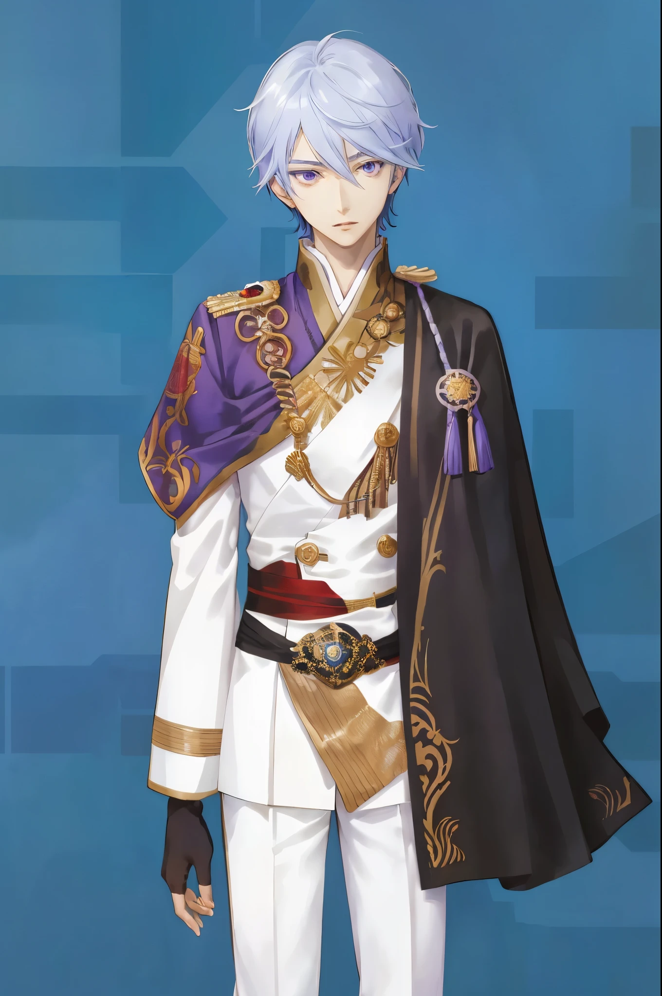 anime - a male in a white suit and purple jacket, beautiful androgynous prince, delicate androgynous prince, ((wearing aristocrat robe)), royal attire akira, male anime character, hajime yatate, shigenori soejima illustration realistic, nobutaka ike, official character, official character illustration hd, prussia,hd quality