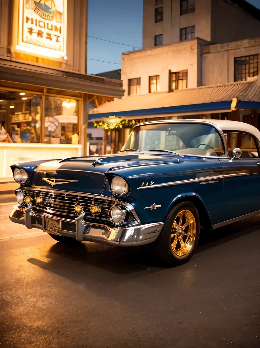 ((hightquality、hight resolution、​masterpiece、foco nítido、photographrealistic、Raw photography、lighting like a movie))、(((No humans)))、1959 Chevrolet Bel Air、star wheel、Wide wheel、metallic black color、headlight with light、Dark windows、Gold accents、gold trim、sunroof、side exhaust、Fire design on front hood、three-quarter front view