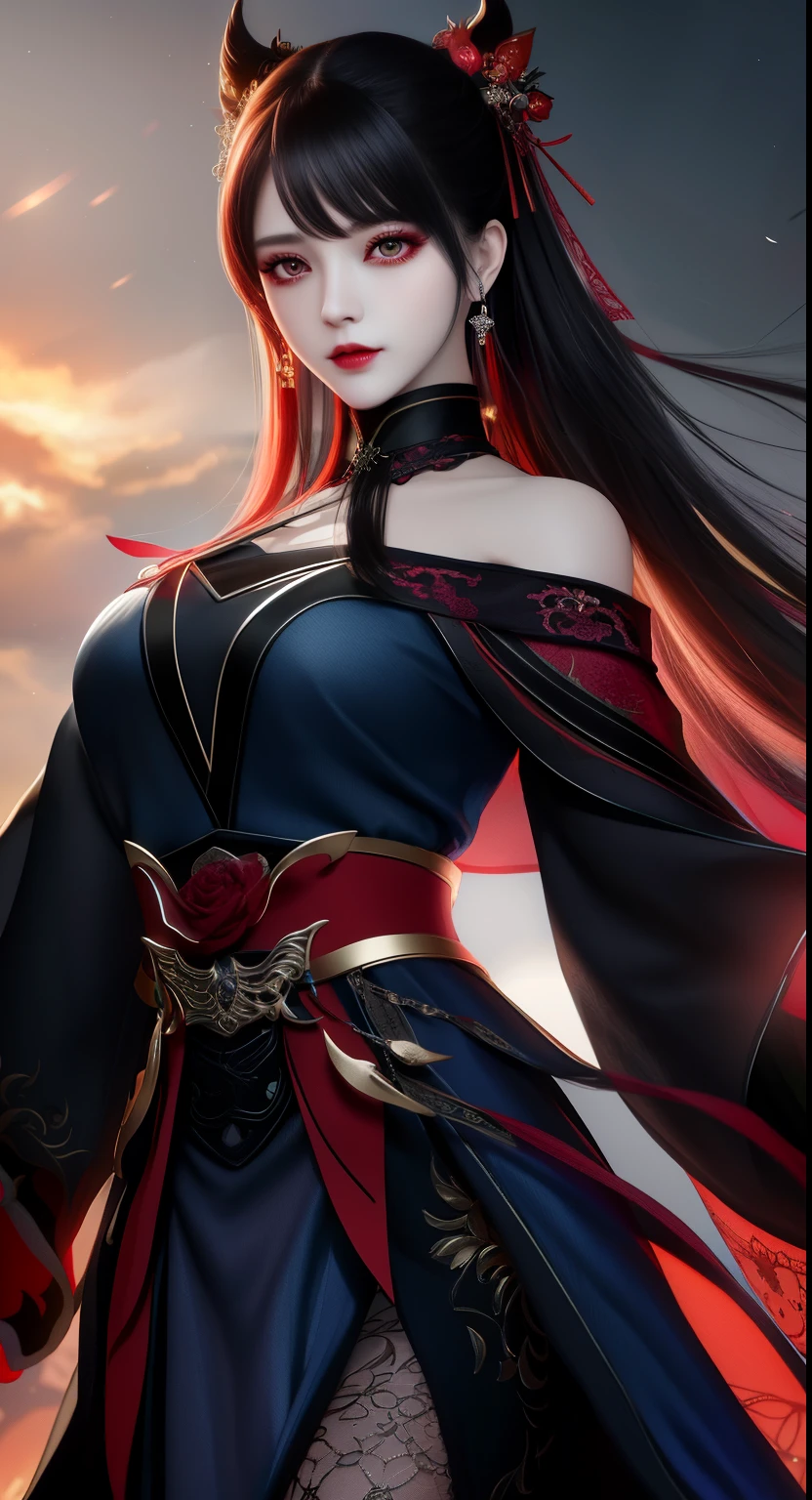 best quality, masterpiece, highres, 1girl, hanfu, chinese underwear, hair ornaments, necklace, jewelry, pretty face, upper body, magic import style, tyndall effect, photorealistic, dark studio, border light, two tone light, (high granularity skin: 1.2), 8k uhd, dslr, soft light, high quality, volumetric light, candid, Photo, high resolution, 4k, 8k, Bokeh, (light pink lips), 1 beautiful female demon from hell, In the Dark: 1.6), surreal female portrait by David Hockney and Alphonse Mucha, fantasy art , photorealism, dynamic lighting, art station, poster, volumetric lighting, highly detailed face, super 8k, awarded, in the dark, deep darkness, low light, cowboy lens , (Red phoenix dress: 1.4) , long hair, black hair, bust, luxurious palace, Royal style, demon crown, red eyes with very sharp and detailed makeup, Best face , Very big and round and round bust, Surreal, chinese women's clothing, turtleneck sweater polo shirt, Charming smile, Beautiful eyes make up, guweiz, devil style, black mesh stockings , Ponytail with a bow in the back, Dark red lips, Devil tattoo on shoulder, wearing a thin red and black shirt, cape, overcast and thundering landscape, (Portrait), Close-up main character, (Background details 1.8),